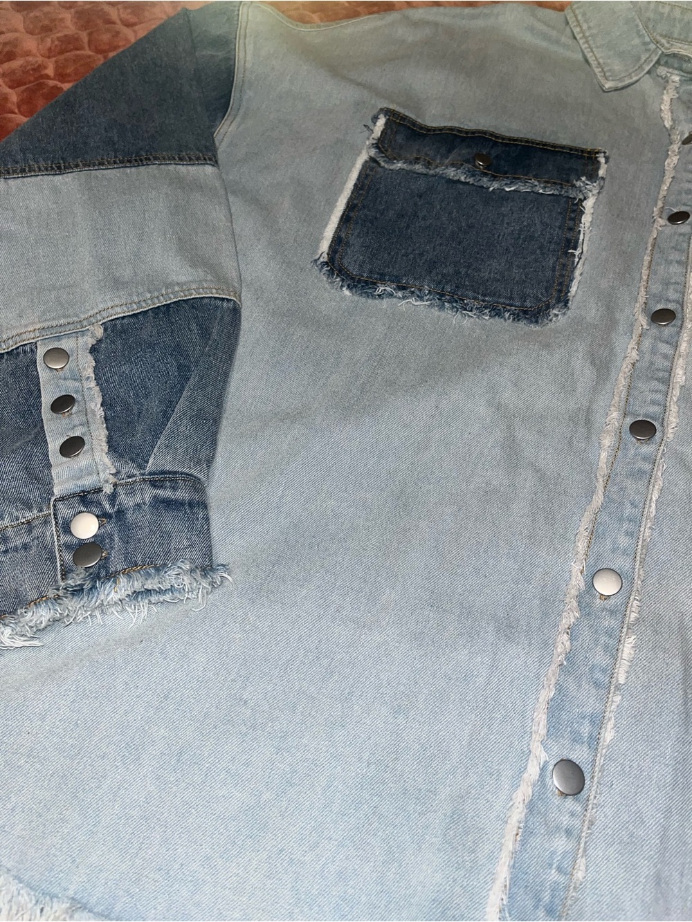 POL oversized Light Blue Patchwork Denim Jacket with Dark Blue Pockets - Picture 4 of 5